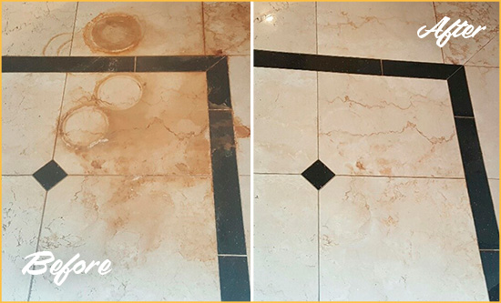 Before and After Picture of a Hollywood Marble Floor Honed to Remove Rust Stains