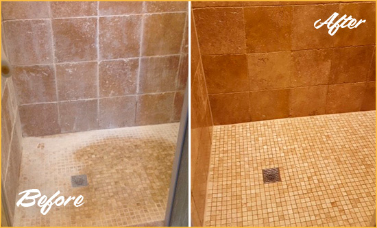 Before and After Picture of a Bluffton Travertine Shower Honed to Remove Mineral Deposits
