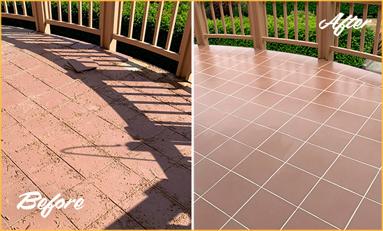 Before and After Picture of a Thunderbolt Hard Surface Restoration Service on a Tiled Deck