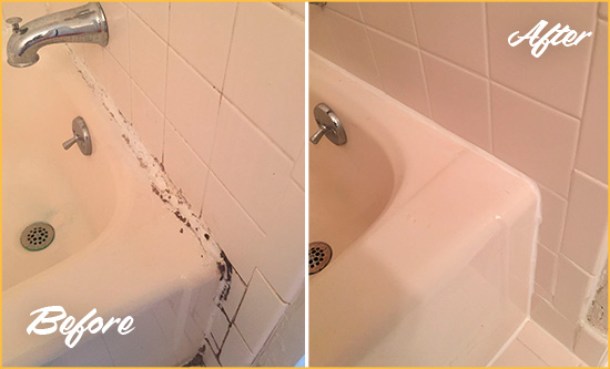 Before and After Picture of a Tybee Island Hard Surface Restoration Service on a Tile Shower to Repair Damaged Caulking