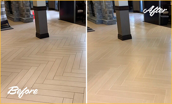 Before and After Picture of a Thunderbolt Hard Surface Restoration Service on an Office Lobby Tile Floor to Remove Embedded Dirt