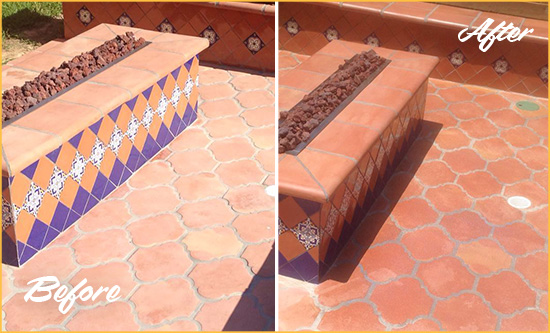 Before and After Picture of a Thunderbolt Hard Surface Restoration Service on a Dull Terracotta Patio Floor to Recover Its Color