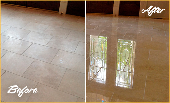 Before and After Picture of a Pooler Hard Surface Restoration Service on a Dull Travertine Floor Polished to Recover Its Splendor