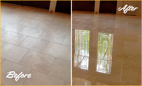 Before and After Picture of a Ravenel Hard Surface Restoration Service on a Dull Travertine Floor Polished to Recover Its Splendor