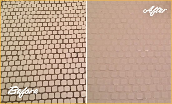 Before and After Picture of a Port Wentworth Hard Surface Restoration Service on a Bathroom Tile Floor Recolored to Fix Grout Color