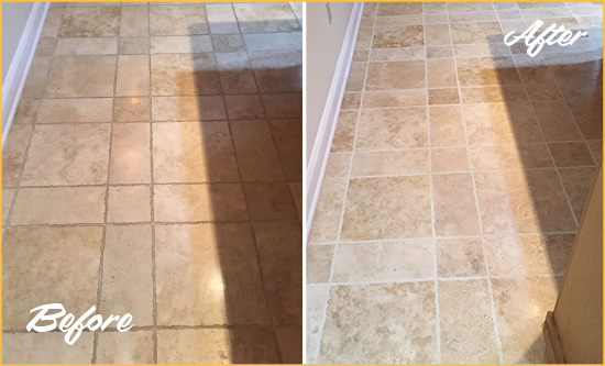 Before and After Picture of Thunderbolt Kitchen Floor Grout Cleaned to Recover Its Color