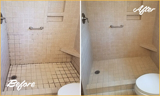 Before and After Picture of a Garden City Shower Grout Cleaned to Remove Mold