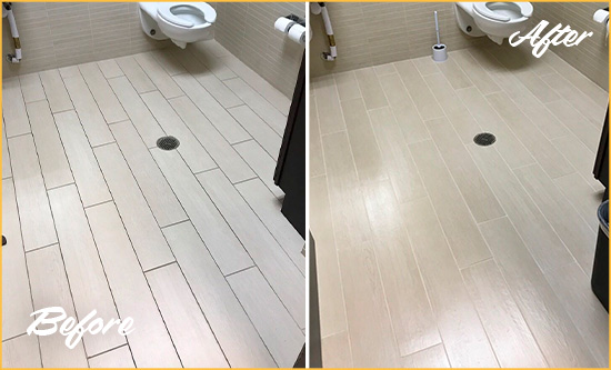 Before and After Picture of a Vernonburg Office Restroom's Grout Cleaned to Remove Dirt