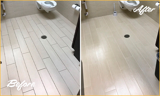 Before and After Picture of a North Charleston Office Restroom's Grout Cleaned to Remove Dirt