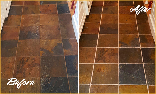Before and After Picture of Hardeeville Slate Floor Grout Cleaned to Remove Dirt