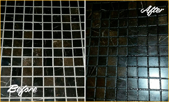 Before and After Picture of a Port Royal Black Floor with Recolored Grout