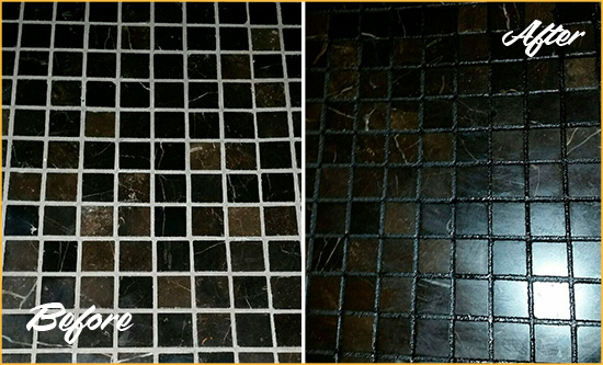 Before and After Picture of a Isle of Palms Black Floor with Recolored Grout