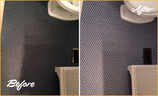 Before and After Picture of a Bluffton Blue Tile Floor Recolored Grout
