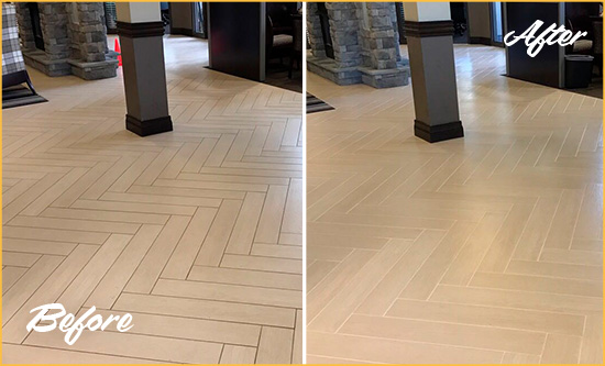 Before and After Picture of a Sullivan's Island Office Lobby Floor Recolored Grout