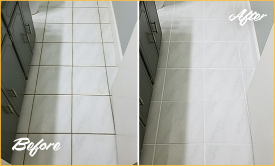 Before and After Picture of a Bloomingdale White Ceramic Tile with Recolored Grout