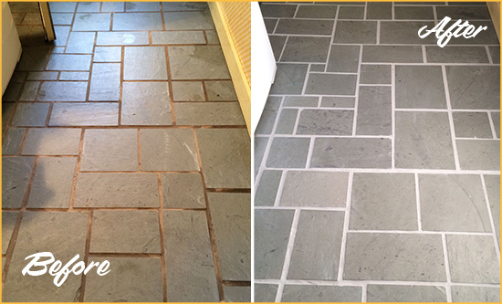 Before and After Picture of Damaged Pooler Slate Floor with Sealed Grout