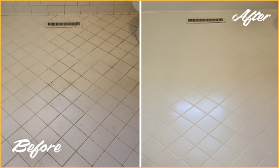 Before and After Picture of a Thunderbolt White Bathroom Floor Grout Sealed for Extra Protection