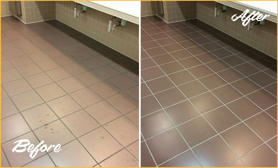 Before and After Picture of Dirty Garden City Office Restroom with Sealed Grout