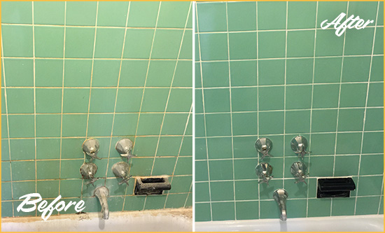 Before and After Picture of a Thunderbolt Bath Tub Grout Sealed to Avoid Water Damage