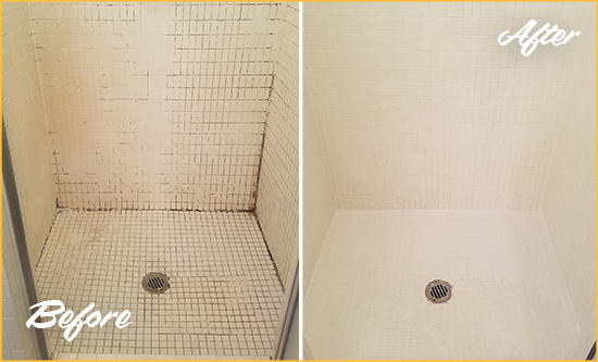 Before and After Picture of a Vernonburg Bathroom Grout Sealed to Remove Mold