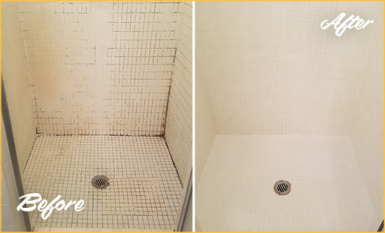 Before and After Picture of a Rockville Bathroom Grout Sealed to Remove Mold