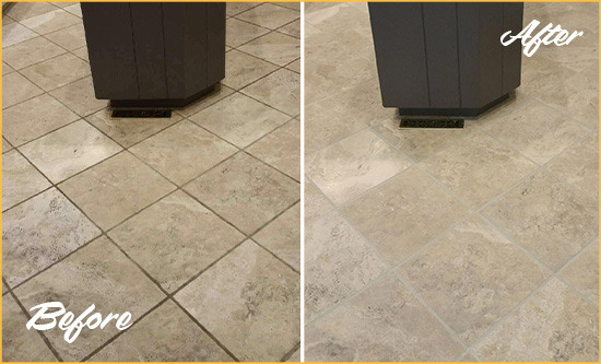 Before and After Picture of a Thunderbolt Kitchen Floor Grout Sealed to Remove Stains