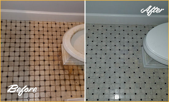 Before and After Picture of a Pooler Bathroom Floor Cleaned to Remove Embedded Dirt