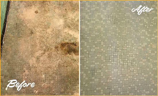 Before and After Picture of a Vernonburg Mosaic Shower Cleaned to Eliminate Embedded Dirt