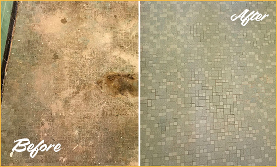 Before and After Picture of a Charleston Mosaic Shower Cleaned to Eliminate Embedded Dirt