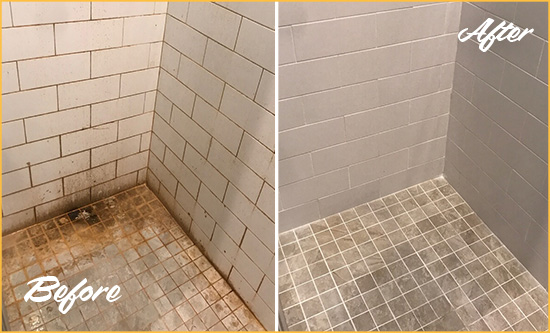 Before and After Picture of a Ridgeland Ceramic Shower Cleaned to Eliminate Rust Stains
