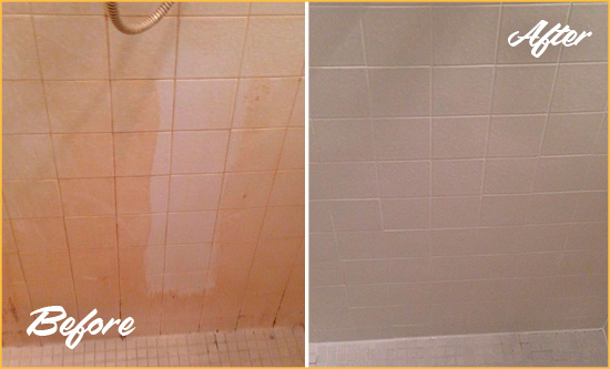 Before and After Picture of a Savannah Porcelaine Shower Cleaned to Remove Soap Scum