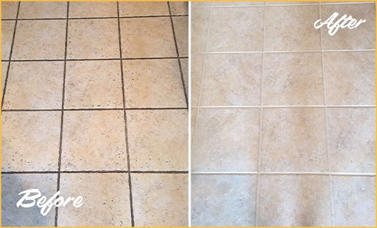 Before and After Picture of a Garden City Ceramic Floor Cleaned to Remove Soil