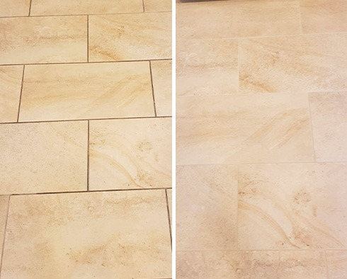 Floor Before and After a Grout Recoloring in Bluffton, SC