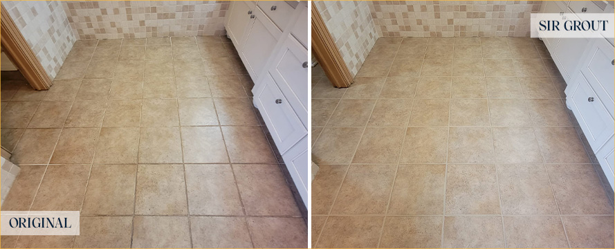 Bathroom Floor Before and After a Grout Sealing in Bluffton