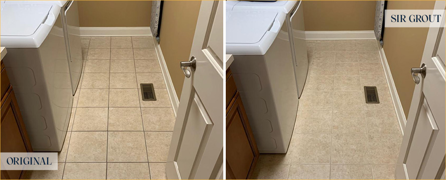 Laundry Room Floor Before and After a Grout Sealing in Ridgeland