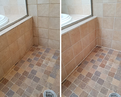 Shower Floor Before and After Our Ridgeland Grout Cleaning Service