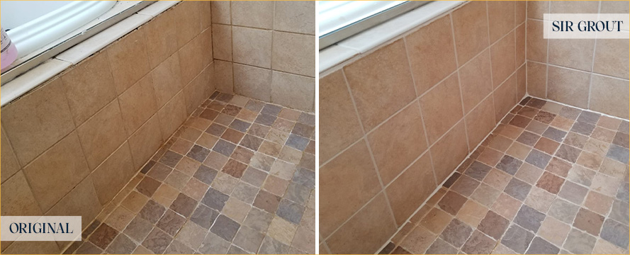 Shower Floor Before and After Our Ridgeland Grout Cleaning Service