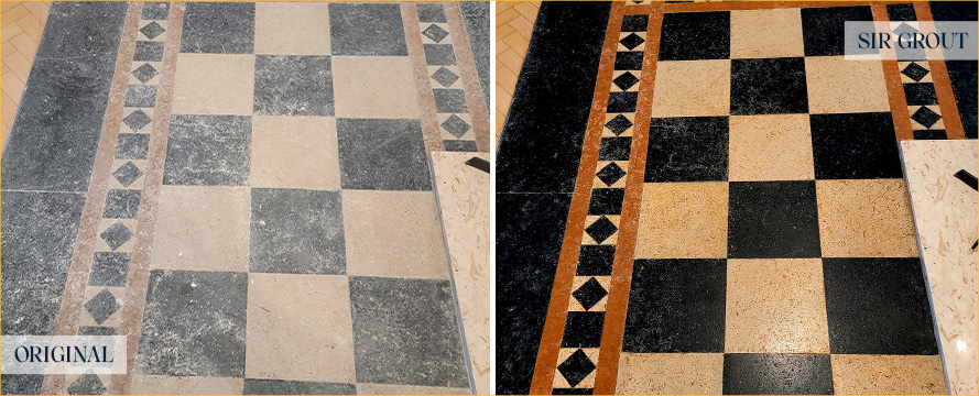 Floor Before and After a Flawless Stone Honing in Bluffton, SC
