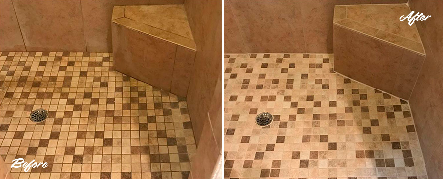 Dirty Tile Shower Before and After a Grout Cleaning Service in Bluffton, SC