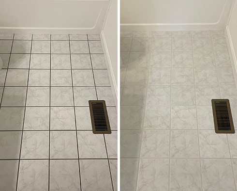Bathroom Floor Before and After a Grout Recoloring in Ridgeland