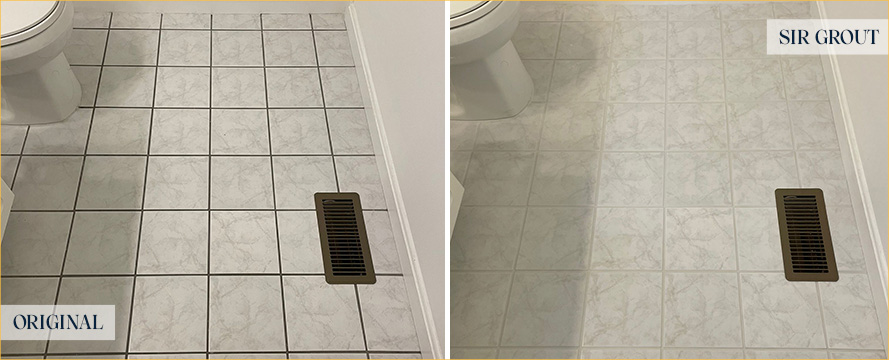 Bathroom Floor Before and After a Grout Recoloring in Ridgeland