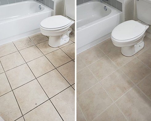 Bathroom Floor Before and After a Grout Cleaning in Port Royal