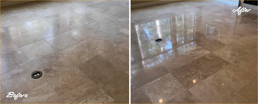 Travertine Floor Before and After a Stone Honing Service in Hilton Head Island, SC