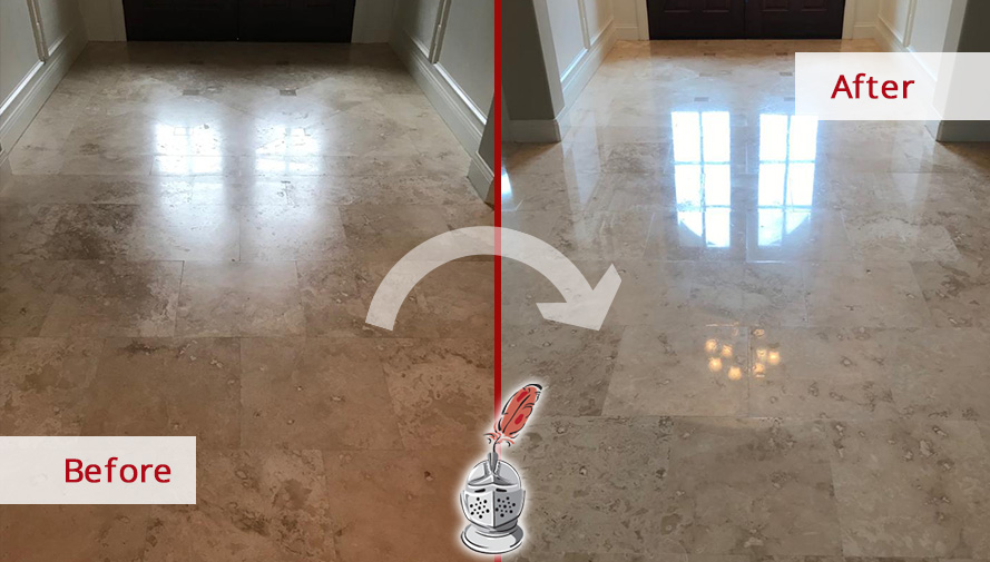 Travertine Floor Before and After a Stone Honing Process in Bluffton, SC