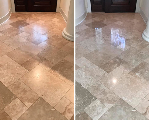 Before and After Picture of a Travertine Floor Stone Polishing in Hilton Head Island, SC