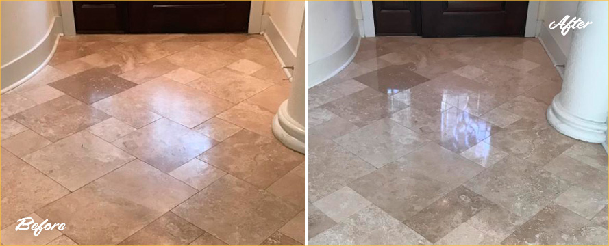 Travertine Floor Before and After a Stone Polishing in Hilton Head Island, SC