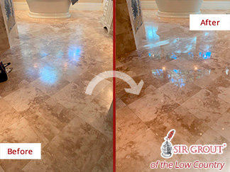 Before and After Our Stone Honing and Polishing on Travertine Floor in Hilton Head Island, SC