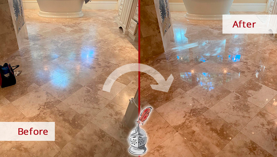 Before and After Our Stone Honing and Polishing on Travertine Floor in Hilton Head Island, SC