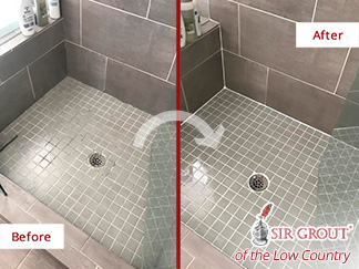 Shower Wall and Floor Before and After Grout Sealing Service in Bluffton