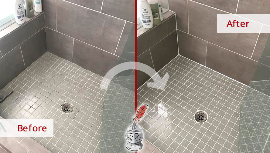 Shower Wall and Floor Before and After Grout Sealing Service in Bluffton